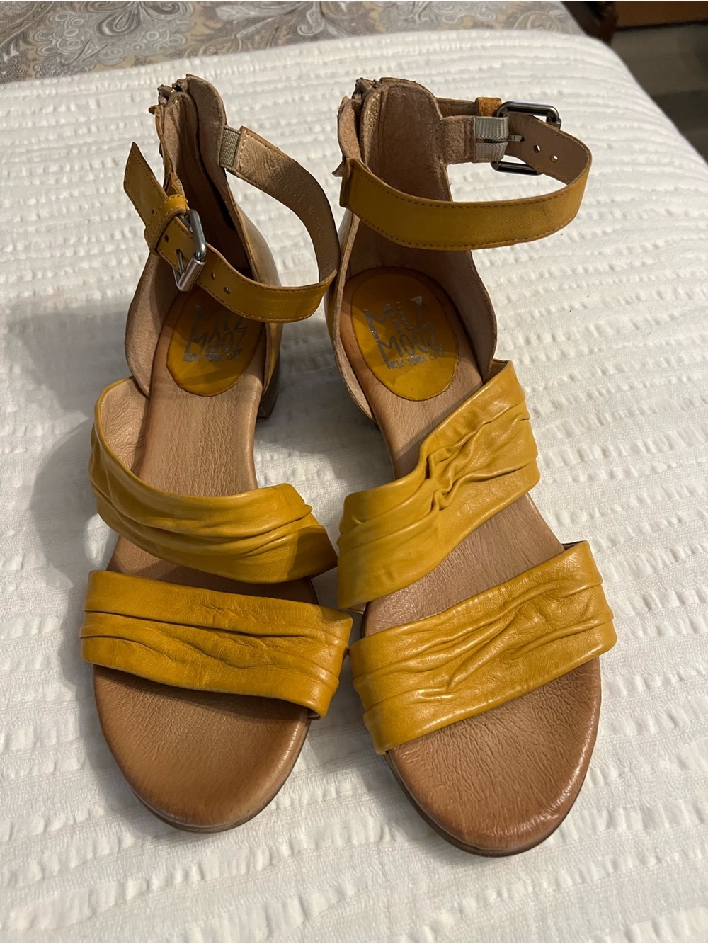 Miz Mooz Yellow Leather Ankle-Strap Sandals with Ruched Straps